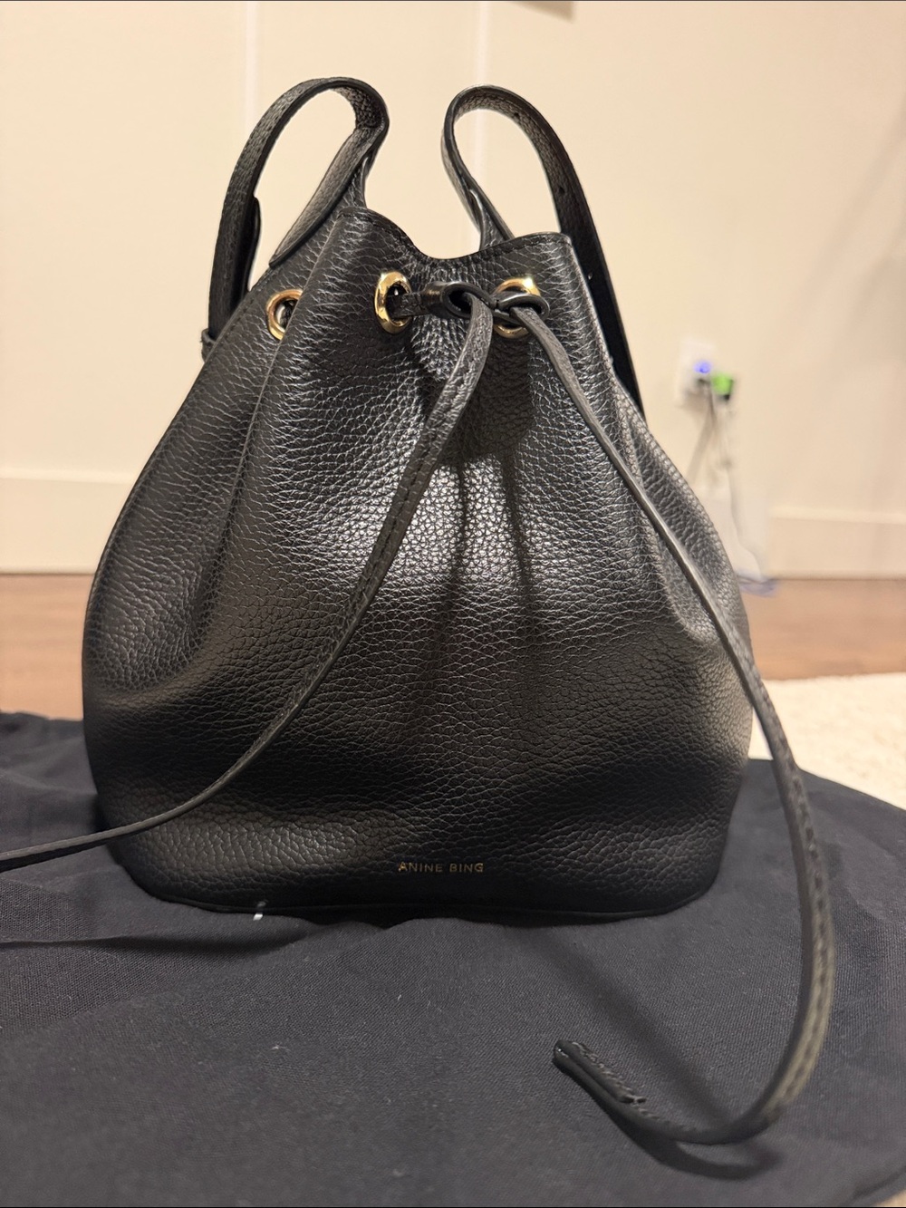Anine Bing Black Pebbled Leather Drawstring Bucket Bag